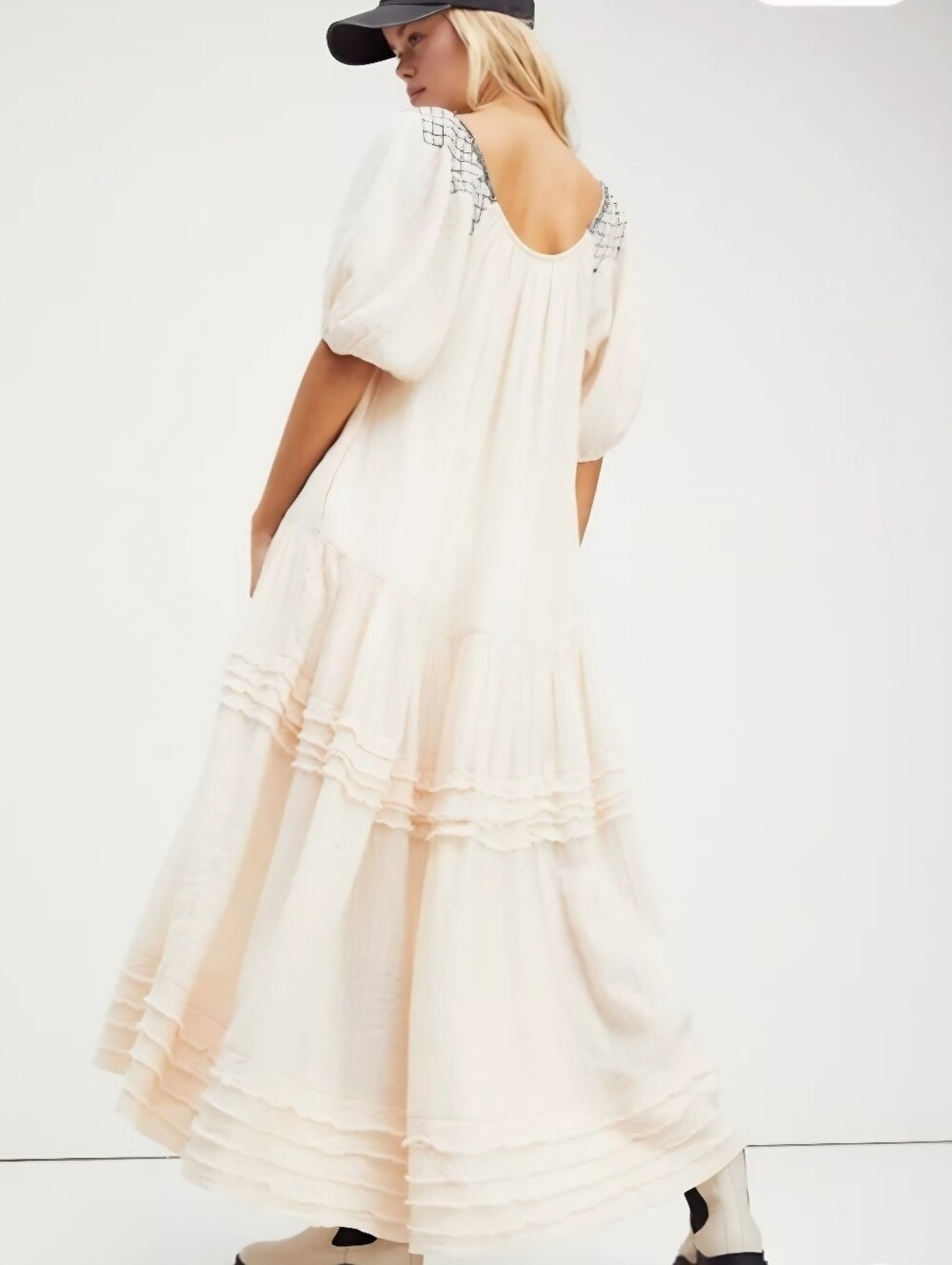 FREE PEOPLE Sunday Stroll Light Pink Smocked Embroidered Tiered Gauzy Maxi Dress - Picture 3 of 16